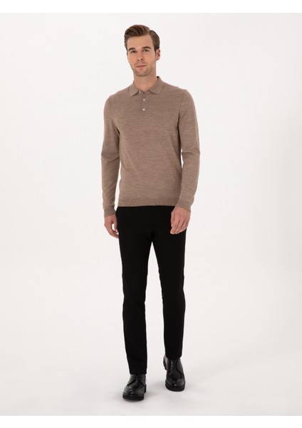 Erkek Vizon Slim Fit Yün Karışımlı Polo Yaka Basic Triko Kazak 50315267-VR052 fırsatları