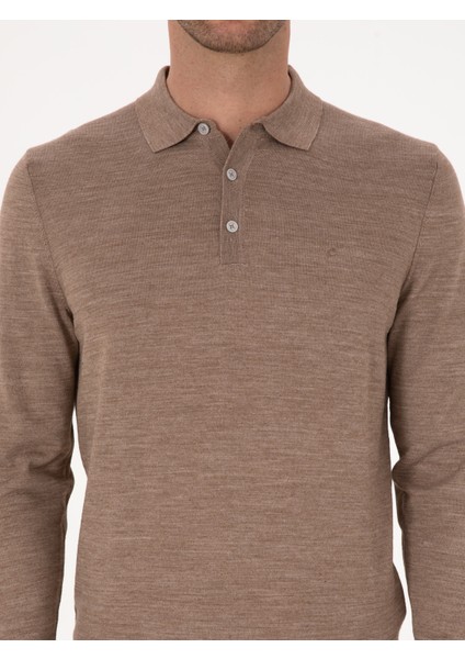 Erkek Vizon Slim Fit Yün Karışımlı Polo Yaka Basic Triko Kazak 50315267-VR052