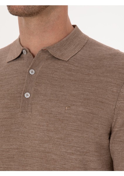 Erkek Vizon Slim Fit Yün Karışımlı Polo Yaka Basic Triko Kazak 50315267-VR052