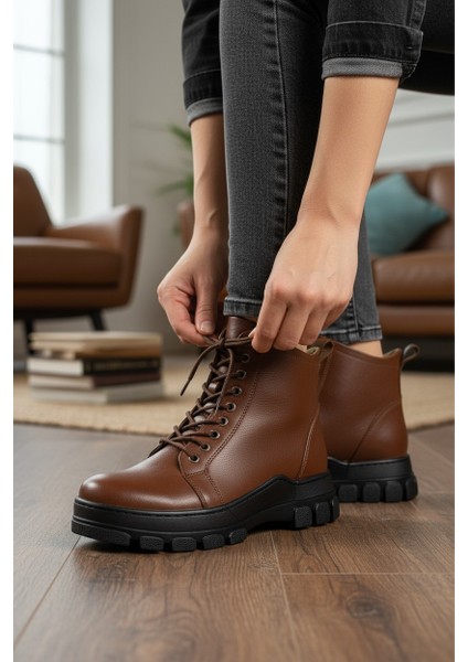 H&manc Hakiki Deri Kahverengi Fermuarlı & Bağcıklı Kadın Bot VK_0001