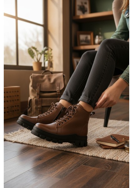 H&manc Hakiki Deri Kahverengi Fermuarlı & Bağcıklı Kadın Bot VK_0001 fiyatları