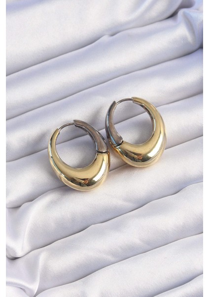 Pirinç Gold Gümüş Renkli Oval Bombeli Küpe