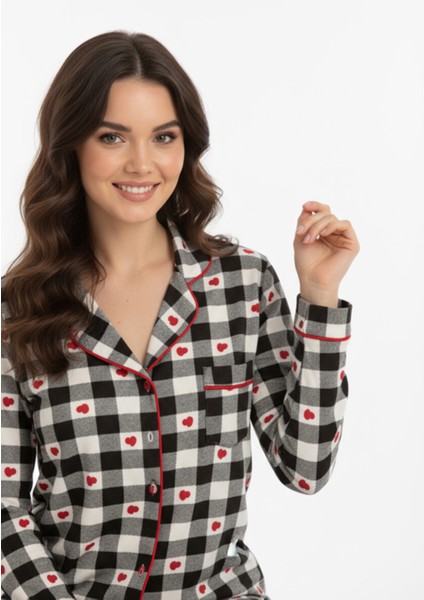 Luxury Viscose Siyah Beyaz Kareli Kalp Desenli Kadın Uzun Kollu Pijama Takımı – 42564 fırsatları