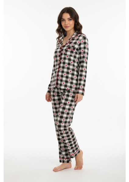 Luxury Viscose Siyah Beyaz Kareli Kalp Desenli Kadın Uzun Kollu Pijama Takımı – 42564 indirimleri