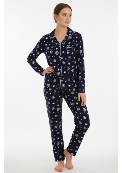 Luxury Soft Lacivert Kar Tanesi Desenli Uzun Kollu Kadın Pijama Takımı – 3059