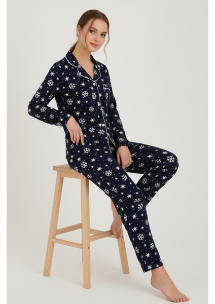 Luxury Soft Lacivert Kar Tanesi Desenli Uzun Kollu Kadın Pijama Takımı – 3059 fiyatları