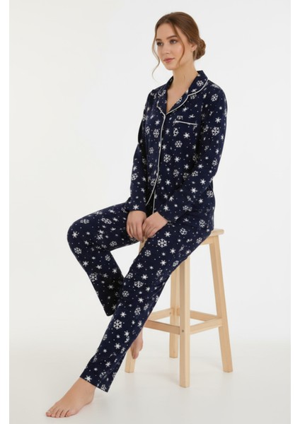 Luxury Soft Lacivert Kar Tanesi Desenli Uzun Kollu Kadın Pijama Takımı – 3059 fırsatları