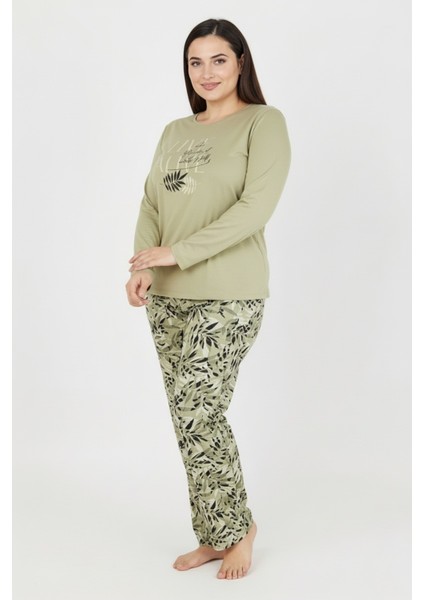Üstü Yazılı Altı Yaprak Desenli Elite Viscose Uzun Büyük Beden Pijama Takımı Yeşil 3591