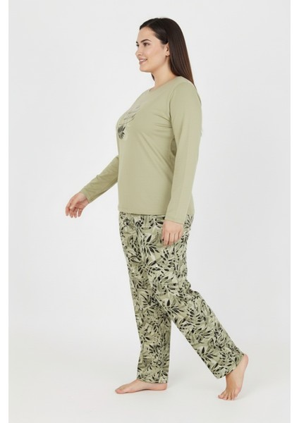 Üstü Yazılı Altı Yaprak Desenli Elite Viscose Uzun Büyük Beden Pijama Takımı Yeşil 3591 fiyatları