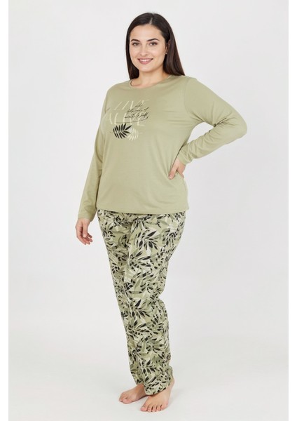 Üstü Yazılı Altı Yaprak Desenli Elite Viscose Uzun Büyük Beden Pijama Takımı Yeşil 3591 fırsatları