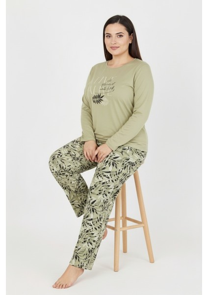 Üstü Yazılı Altı Yaprak Desenli Elite Viscose Uzun Büyük Beden Pijama Takımı Yeşil 3591 indirimleri