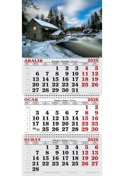 2026 Yılı Gemici Takvimi-Karlar Içinde Kulübe ve Nehir