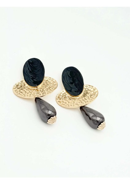 Modern Elips Siyah Taşlı Sallantılı Çelik Kadın Küpe