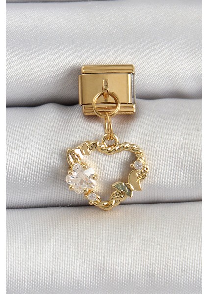 Bfs 316L Çelik Sallantılı Zirkon Taşlı Kalp Model Gold Renk Nomination Charm