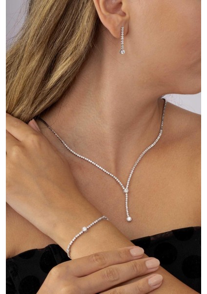 Tektaş Detaylı Su Yolu Rodyum Kaplama 925 Ayar Gümüş Düğün Seti