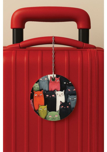 Desenli Baskılı Pleksi Zincir Aparatlı Bavul Etiketi Valiz Etiketi Cat Team