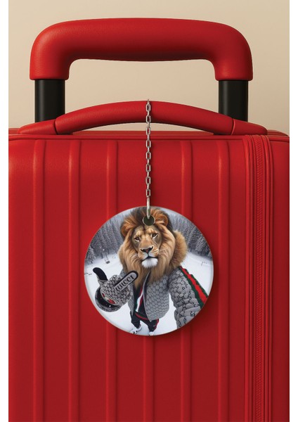 Desenli Baskılı Pleksi Zincir Aparatlı Bavul Etiketi Valiz Etiketi Cool Aslan
