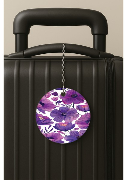 Mor Çiçekler Desenli Uv Baskılı Pleksi Bavul Etiketi Seyahat Tatil Valiz Etiketi