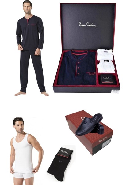 Erkek Geniş Kalıp %100 Pamuklu Pijama Atlet Boxer Çorap Terlik Seti