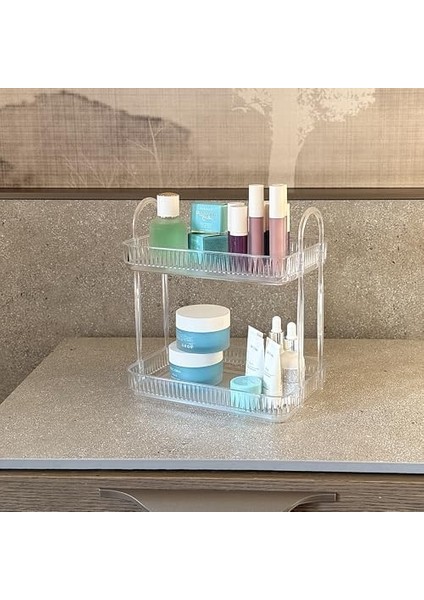 2 Katlı Makyaj Organizeri Kozmetik Aksesuar Düzenleyici Kozmetik Vitrini (Şeffaf)
