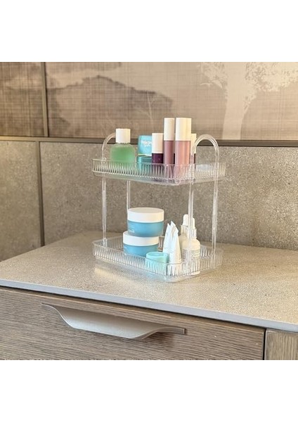 2 Katlı Makyaj Organizeri Kozmetik Aksesuar Düzenleyici Kozmetik Vitrini (Şeffaf) fiyatları