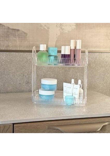 2 Katlı Makyaj Organizeri Kozmetik Aksesuar Düzenleyici Kozmetik Vitrini (Şeffaf) modelleri