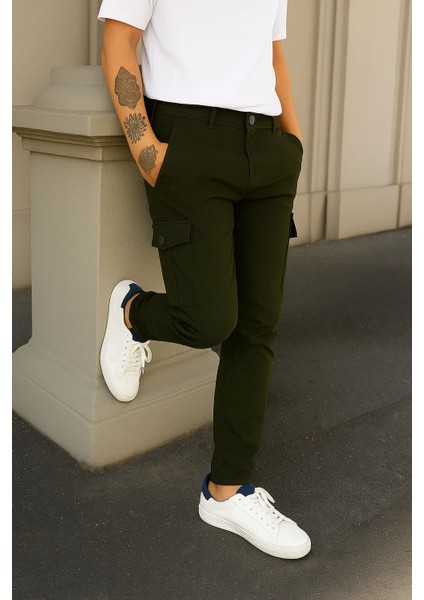 Erkek Yüksek Bel Bol Paça Haki Taktik Kargo Pantolon modelleri