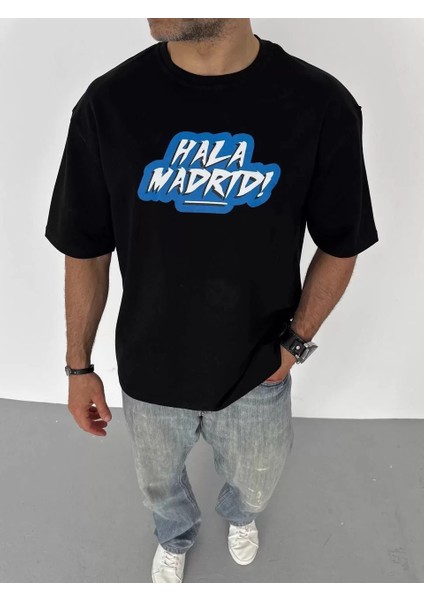 Unisex Bisiklet Yaka Baskılı Oversize T-Shirt - Siyah