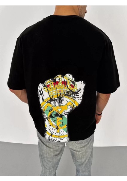 Unisex Bisiklet Yaka Baskılı Oversize T-Shirt - Siyah modelleri