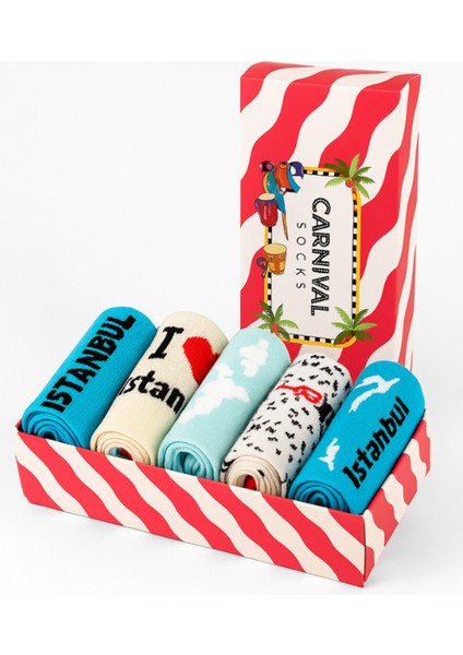 Istanbul Temalı 5’li Renkli Çorap Seti | Unisex Hediye Kutulu Çoraplar | Doğal Pamuk