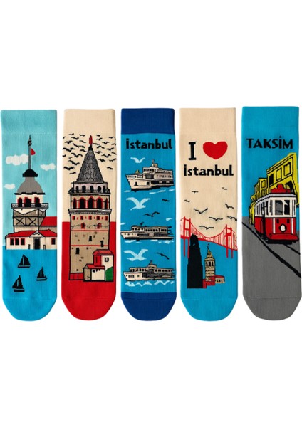 Istanbul Temalı 5’li Renkli Çorap Seti | Unisex Hediye Kutulu Çoraplar | Doğal Pamuk modelleri