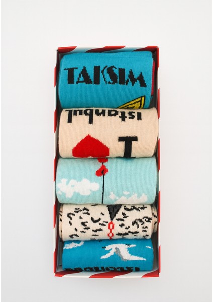 Istanbul Temalı 5’li Renkli Çorap Seti | Unisex Hediye Kutulu Çoraplar | Doğal Pamuk