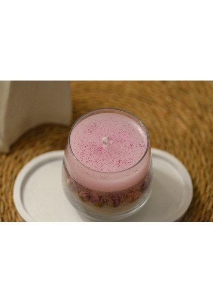 El Yapımı, Gül Kokulu, Pembe Simli Jel Mum – Cam Bardakta Dekoratif Mum – Hediyelik – Hediyelik Mum