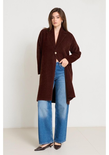 Kahverengi Ceket Yaka Tek Düğme Detaylı Uzun Hırka