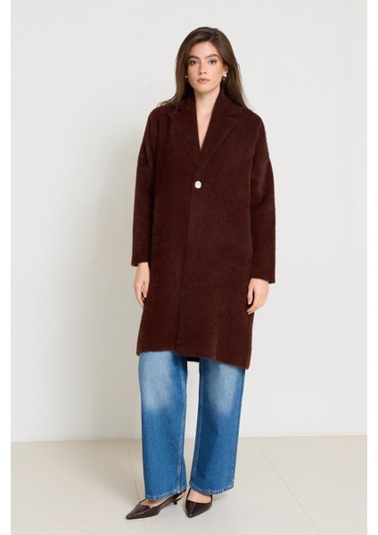 Kahverengi Ceket Yaka Tek Düğme Detaylı Uzun Hırka fiyatları