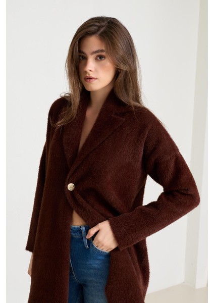 Kahverengi Ceket Yaka Tek Düğme Detaylı Uzun Hırka modelleri