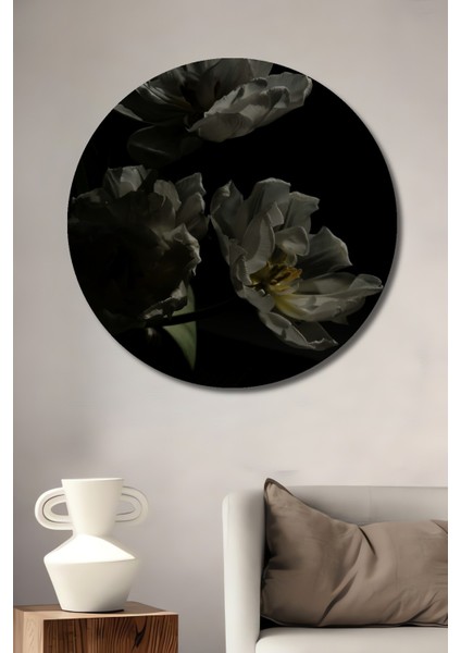 Dekoratif Ahşap Yuvarlak Tablo Beyaz Çiçekler