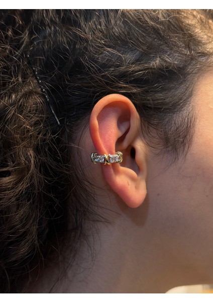925 Ayar Gold Kaplama Kıkırdak Küpe , Deliksiz x Figürlü Earcuff Küpe , Işıltılı Sıkıştırma