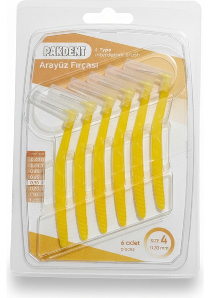 Arayüz Fırçası Diş Arası Arayüz Fırçası L Tipi Diş Ara Fırçası 6 Adet Sarı 0,70 mm fiyatları