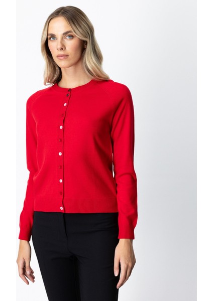 Kadın Renkli Düğmeli Sıfır Yaka Triko Hırka 65921 Kırmızı