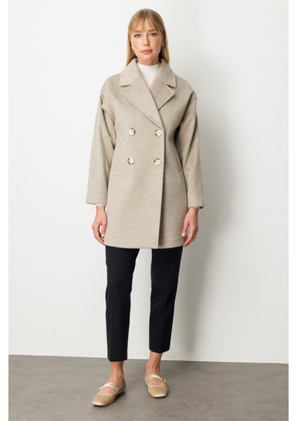 Kadın Kruvaze Yaka Kaşe Kaban 6049 Vizon