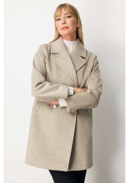 Kadın Kruvaze Yaka Kaşe Kaban 6049 Vizon fiyatları