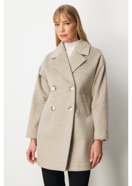 Kadın Kruvaze Yaka Kaşe Kaban 6049 Vizon modelleri