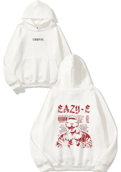 Eazy E Rapper Tasarım Baskılı Oversize Beyaz Kapüşonlu Sweatshirt