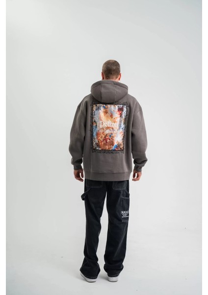 Üç Iplik Kapşonlu Dijital Patchli Sweatshirt - Füme indirimleri