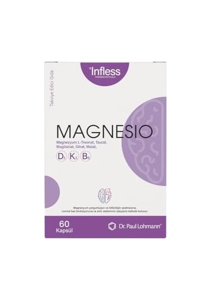 Magnesio, Magnezyum Kompleks Glisinat, Malat, Taurinat, Sitrat, B6 ve D3K2 Vitamin Içeren Kapsül