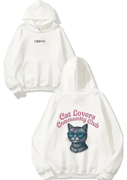 Cat Lovers Tasarım Baskılı Oversize Beyaz Kapüşonlu Sweatshirt