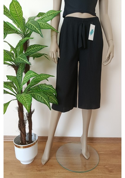 Kadın Fitilli Çizgili Raporlu Pamuklu Bermuda Pantolon