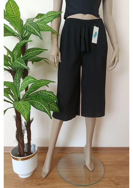 Kadın Fitilli Çizgili Raporlu Pamuklu Bermuda Pantolon