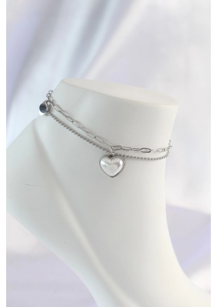 Bfs 316L Çelik Gümüş Renk Beyaz Kalpli 2li Halhal